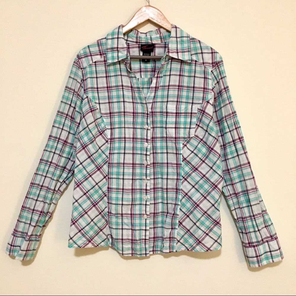 Torrid Camp Shirt White, Purple and Teal Button up